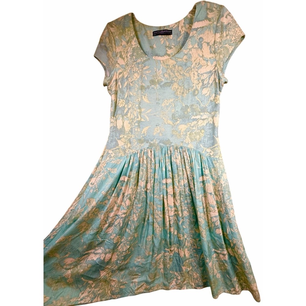 Peruvian Connection White Lotus Aqua Floral Fit & Flare Dress Small Pockets - Picture 4 of 14